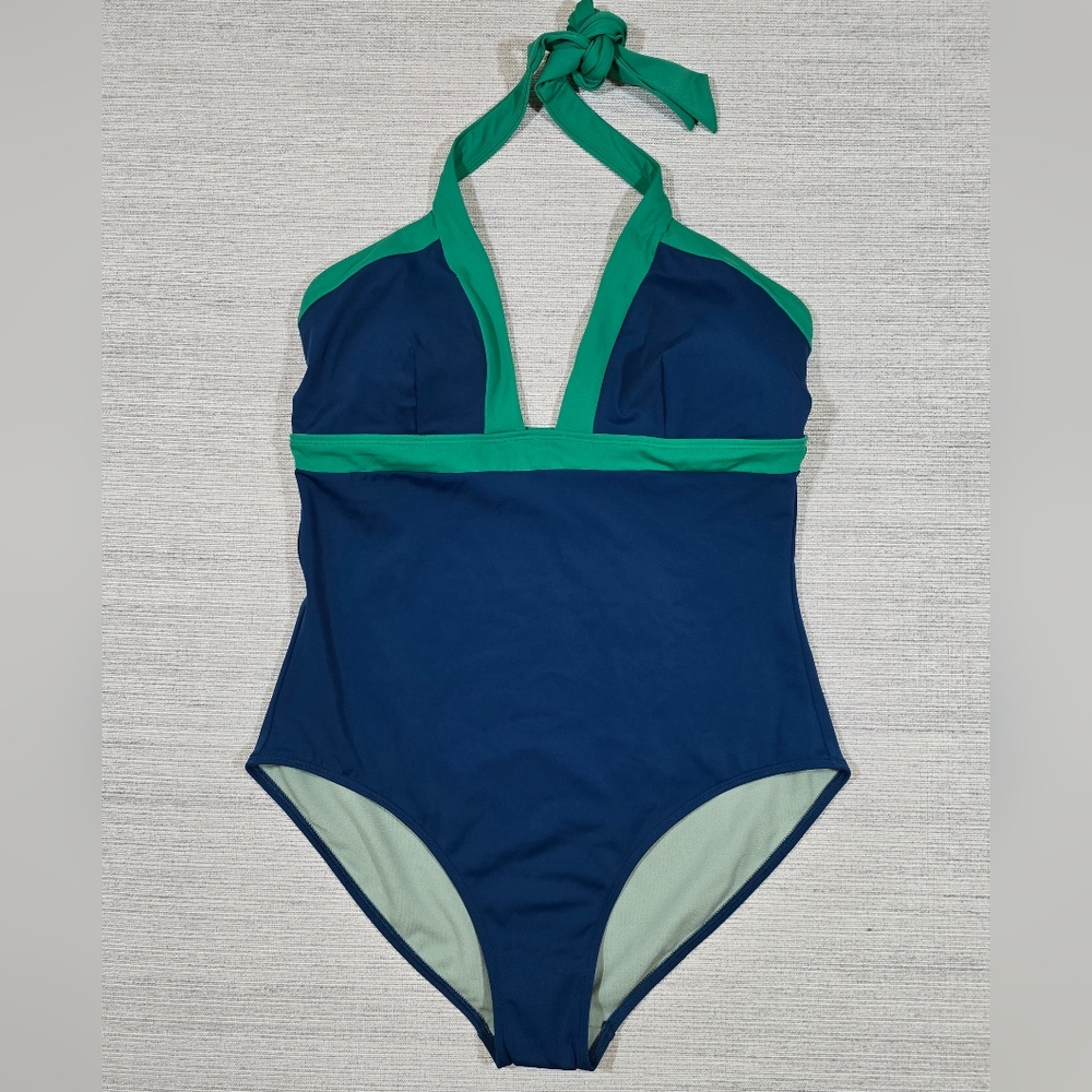 Boden Ithaca Halter One Piece Swimsuit Womens 14L Navy Green Beach Vacation